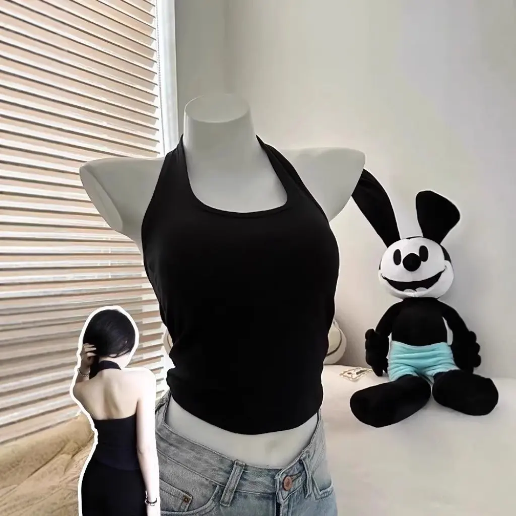 

Black Hanging Strap Vest Women Summer American Style With Chest Pad New Outwear Beautiful Back One-piece Inner Match Small Top