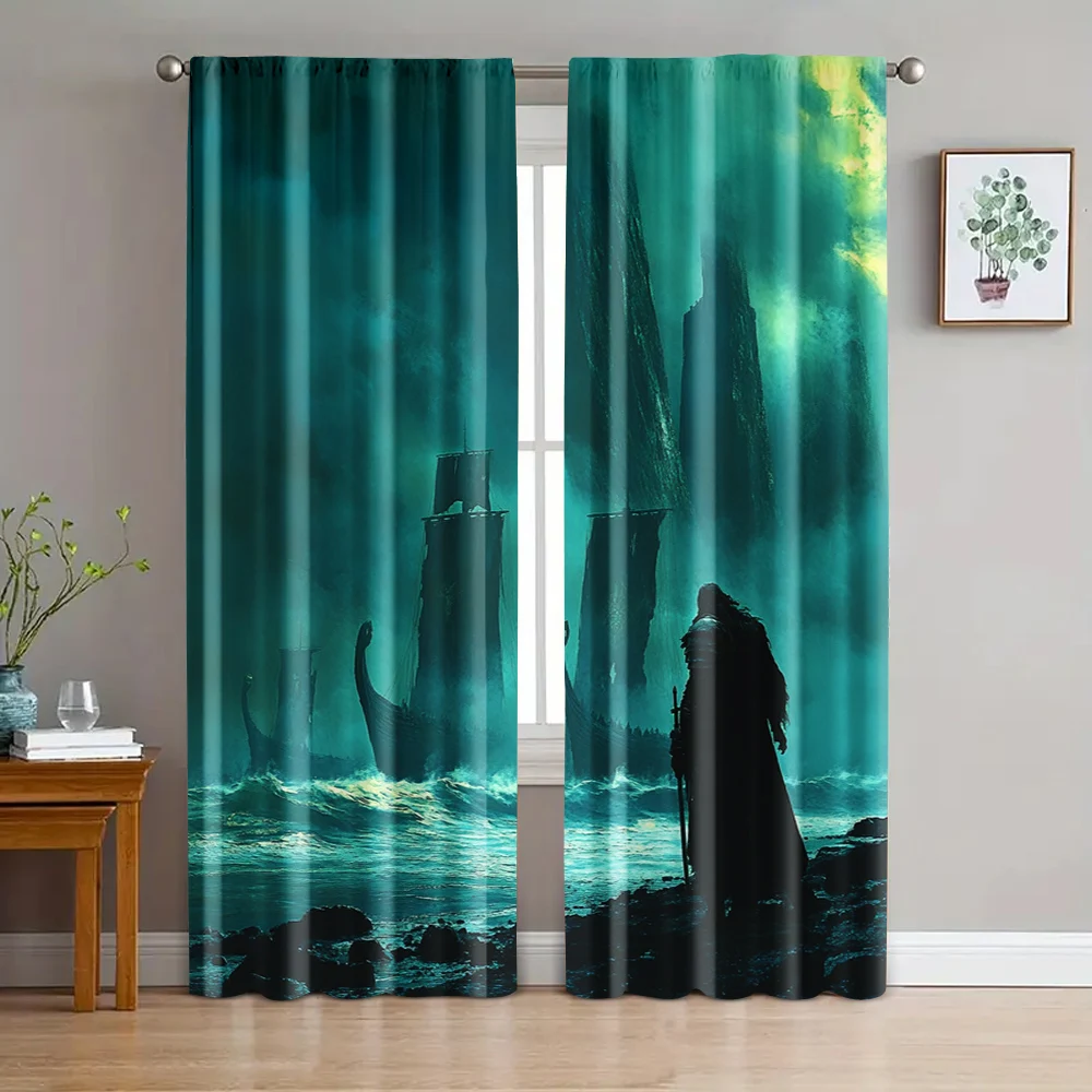 

2pc, Window Curtains Viking Beach Machine Washable Fabric,Without Electricity Holiday Decorations Suitable for Multipurpose