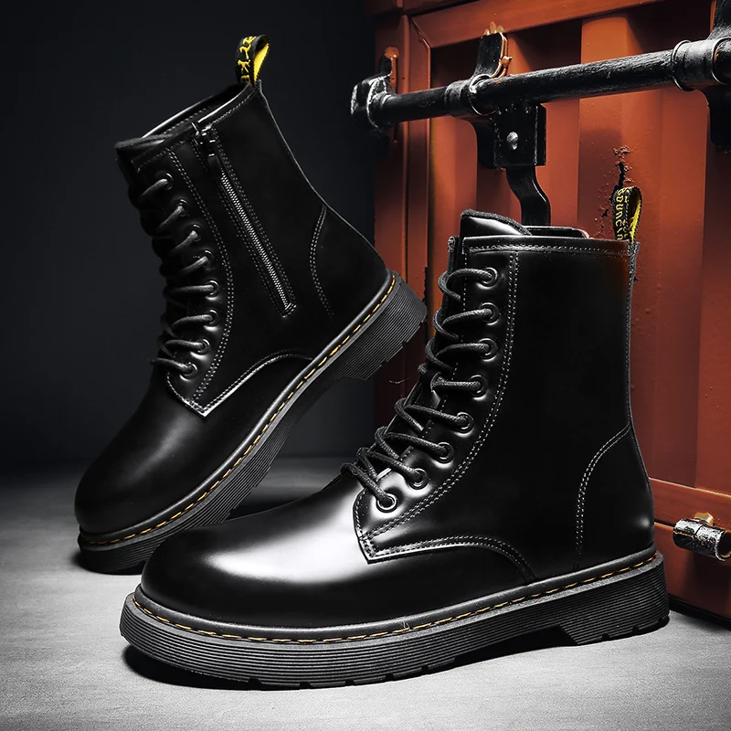 Leather Boots Man Autumn Winter High Top Classic Basic England Black Men\'s Biker Boot Fashion Young Waterproof Trendy All-match