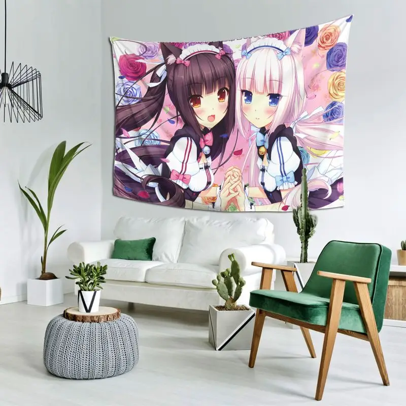 VIKAMA Chocolate Vanilla Cat's Paradise Rose Anime Tapestry Wall Hanging Home Decor for Bedroom Living Room Dorm anime