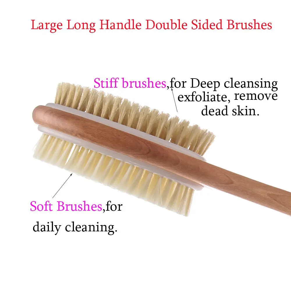 Massage with Long Wooden Handle Back Foot Scrubber Shower Brush Bristle Bath Brush Double Side Head Body Exfoliating Cleaner