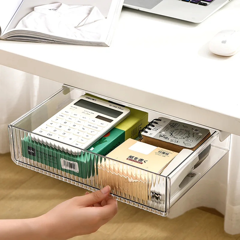 3PCS Office Closet Under The Table Storage Drawer Attachable Under-Desk Drawer Organizer Slide Out Self-adhesive Storage Box