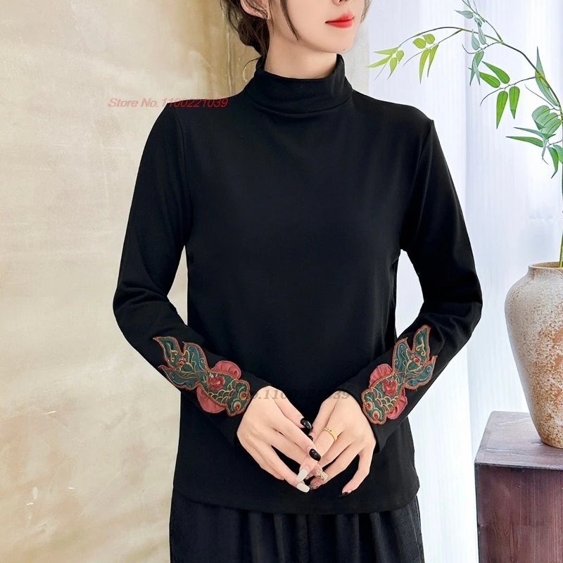 

2025 chinese traditional hanfu tops fleece lined shirt national koi embroidery vintage shirt retro streetwear ethnic base shirt