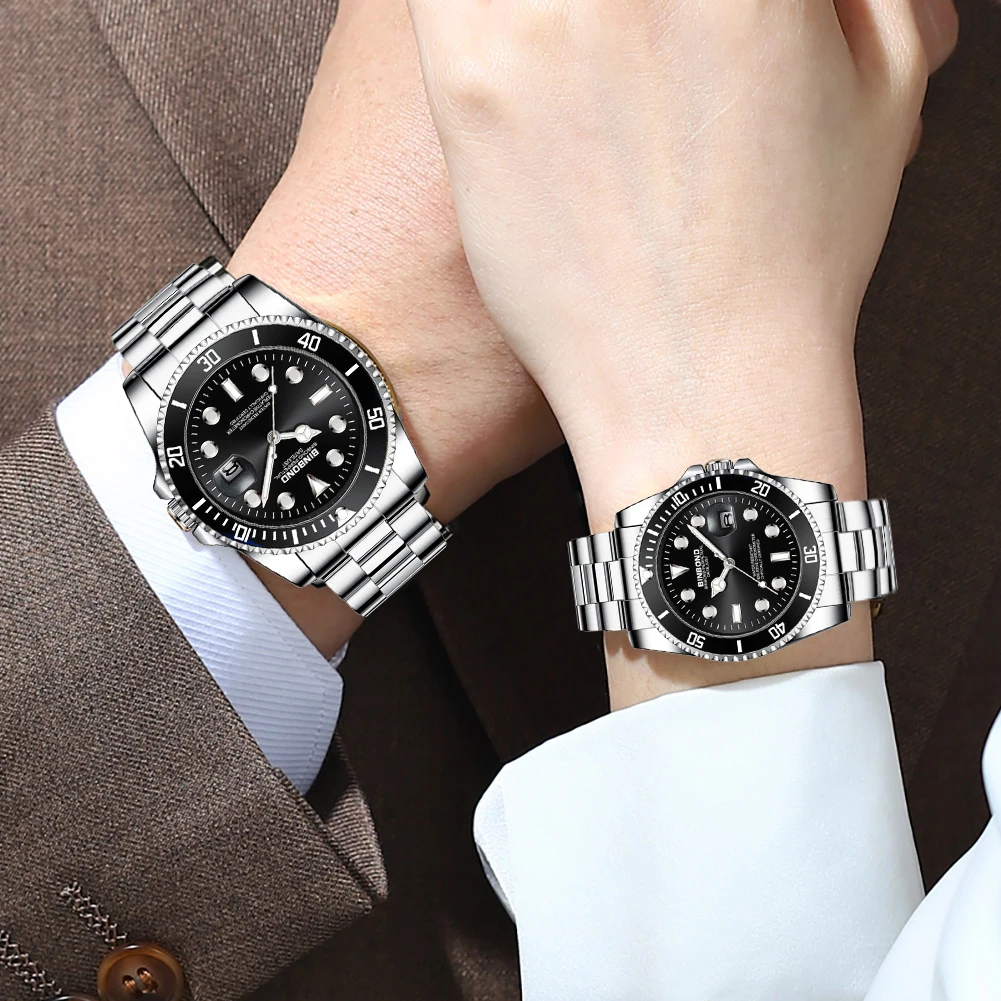 BINBOND Couple Watches 2pcs Trend Fashion Original Quartz Watch for Lover Classic Log Dial Waterproof Stainless Steel Luminous