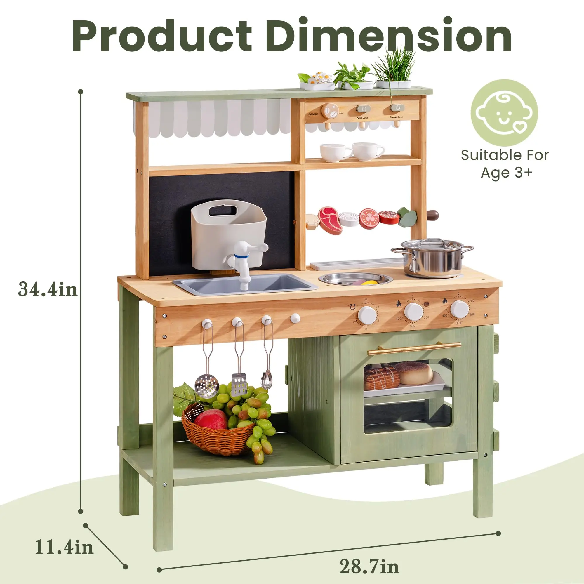 ROBUD Mud Kitchen Outdoor Solid Wooden Play Kitchenwith Barbecue Grill Removable Sink Faucet Monteeori Toys for Children Ages 3+