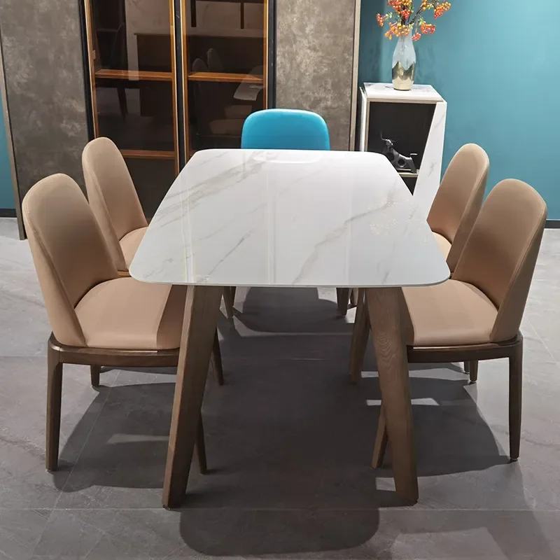 for Italian Bright Rock Slab Dining Table and Chair Set Modern Simple Rectangular Solid Wood Furniture for Restaurant Home