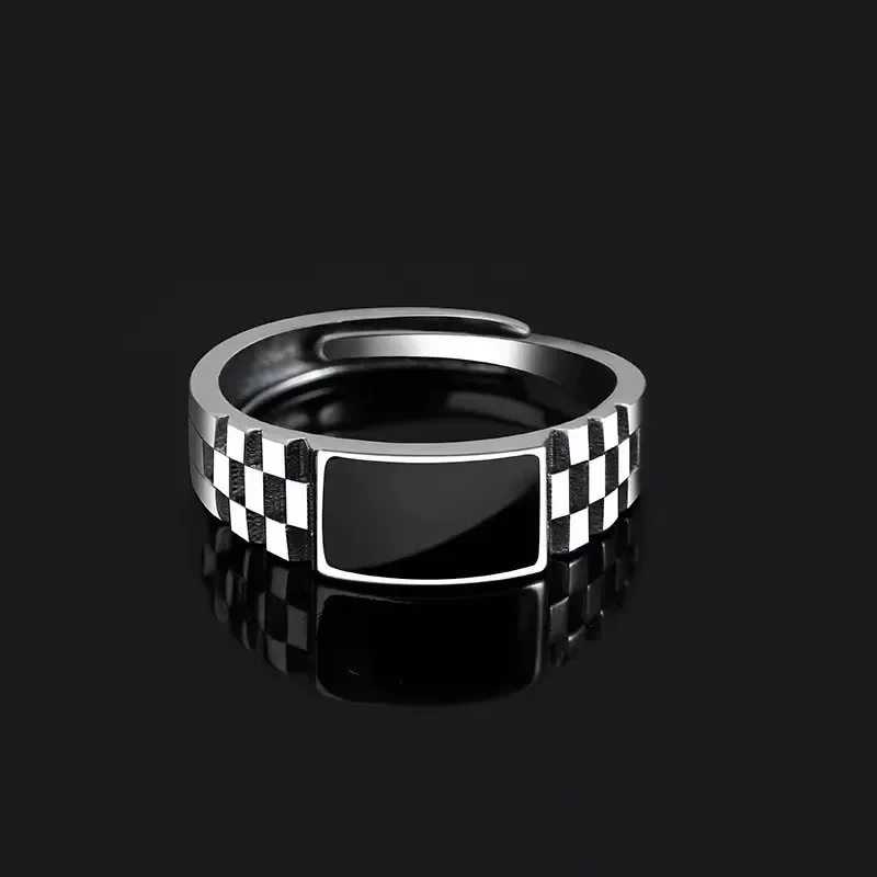 Men Checkerboard Pattern Open Adjustable Ring Black Rectangle Inlay Retro Geometric Male Statement Finger Jewelry Gift