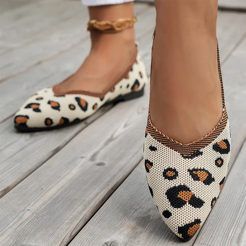 Leopard Women Pointed Toe Knitting Flats Shallow Casual Sandals 2024 Fashion New Autumn Dress Shoes Cozy Trend Femme Shoes