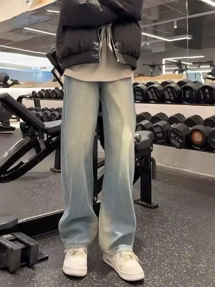 

American High Street Vibe Men's Blue Bamboo Texture Denim Jeans Straight Leg Micro Flared Knife Trousers Autumn Winter