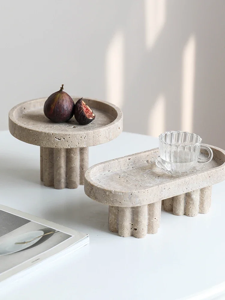 Luxury Marble Serving Tray with Legs, Decorative Travertine Dish for Coffee Table Decor, Stone Vanity Tray for Perfume Candles