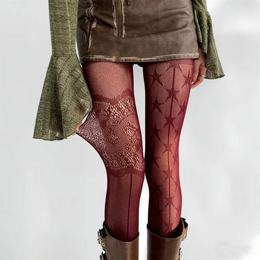 Punk Style Floral Tights Mesh Fishnet Stockings Women Tights Lingerie AB Asymmetric Star Vintage Pantyhose JK Lolita Stocking
