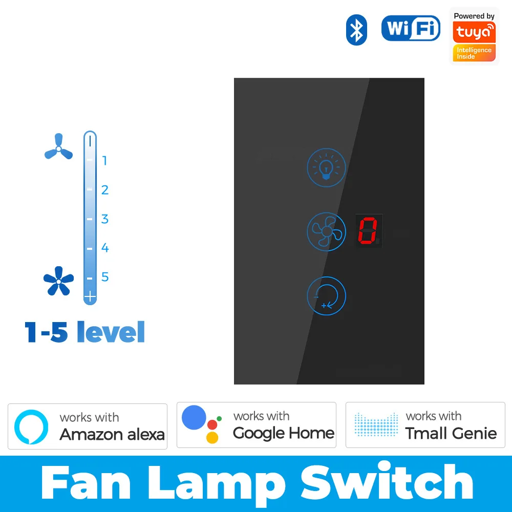 สวิตช์ไฟอัจฉริยะแบบสัมผัส Graffiti Smart Home WiFi สวิตช์ติดผนังทันสมัยสำหรับพัดลมและไฟ ปรับความเร็วได้ ควบคุมการตั้งเวลาผ่านแอป Wall Rules