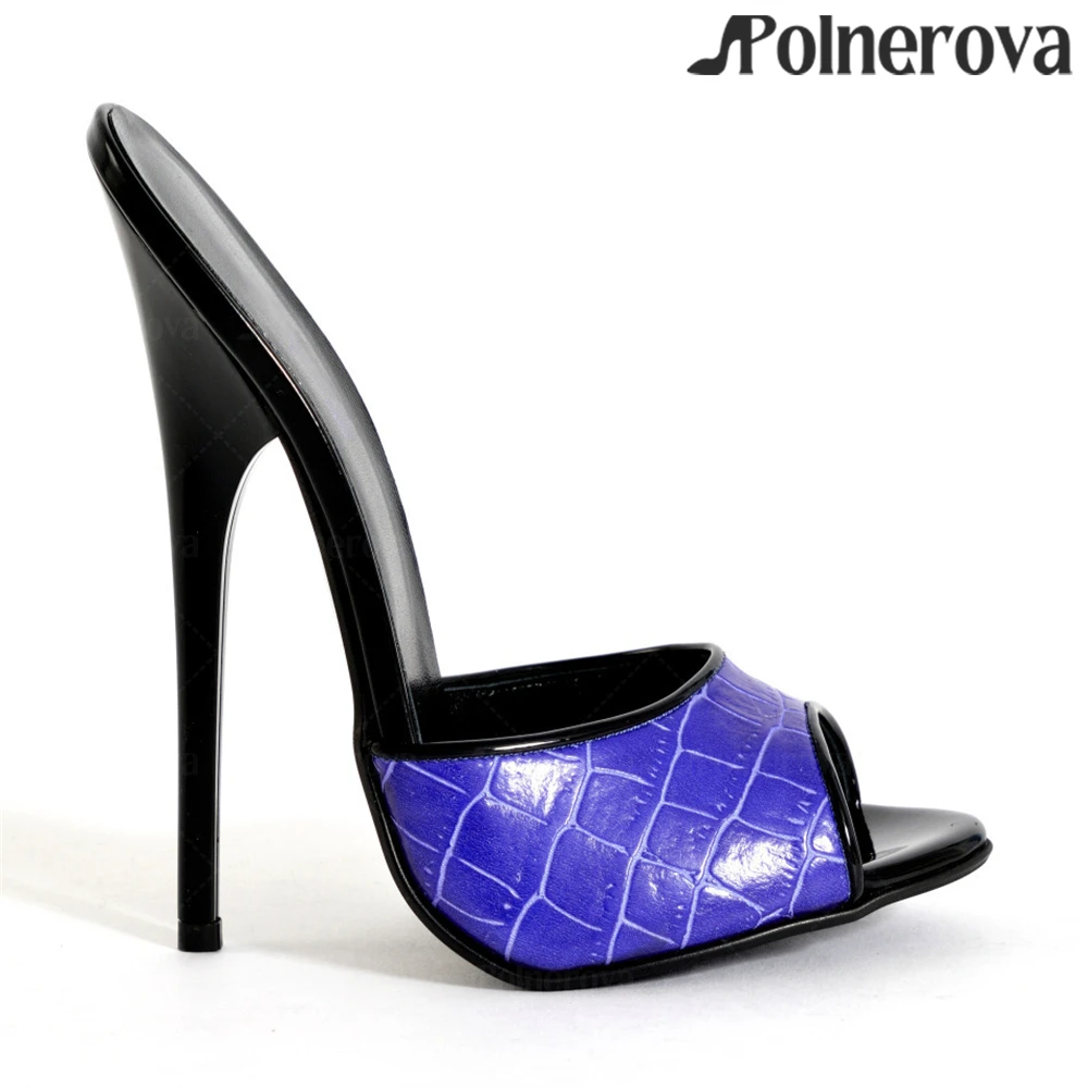 

Royal Blue Crocodile Leather Extreme Mules Black Lacquered Empire High Heel Slippers Sexy Style 16cm Extremely Summer Stilettos