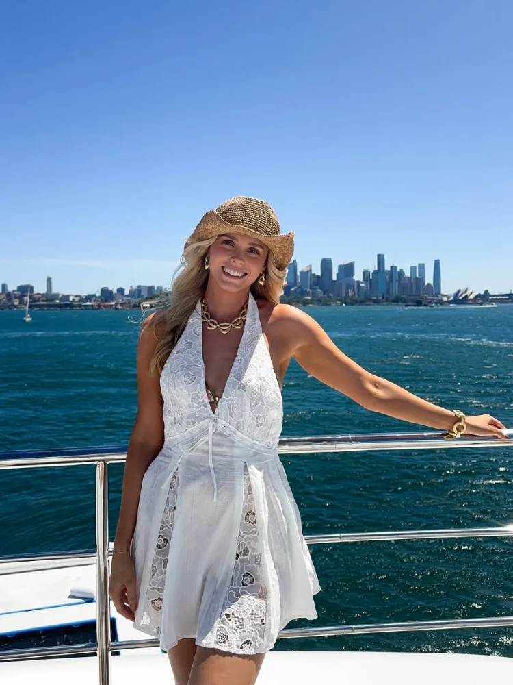 

Sexy Lace Hollow-out Backless Mini Dress Lady Chic V-neck Sleeveless Off-shoulder Lace-up Loose Robes 2026 Women Vacation Gowns