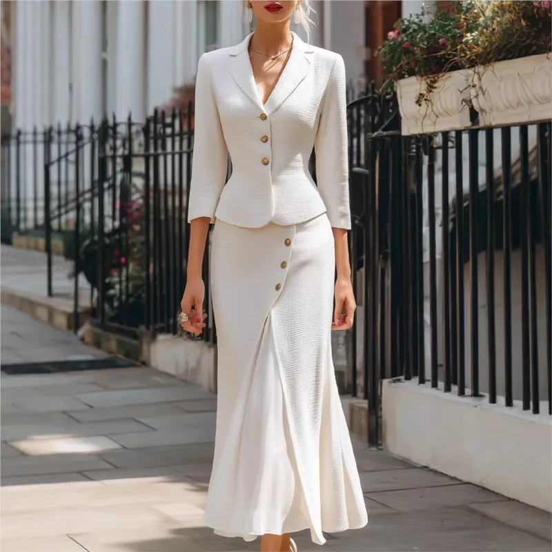 Women Elegant Office Skirt Set Temperament Slim Fit Monochromatic Single Breasted Blazer Suits New Fashion Two Piece Set