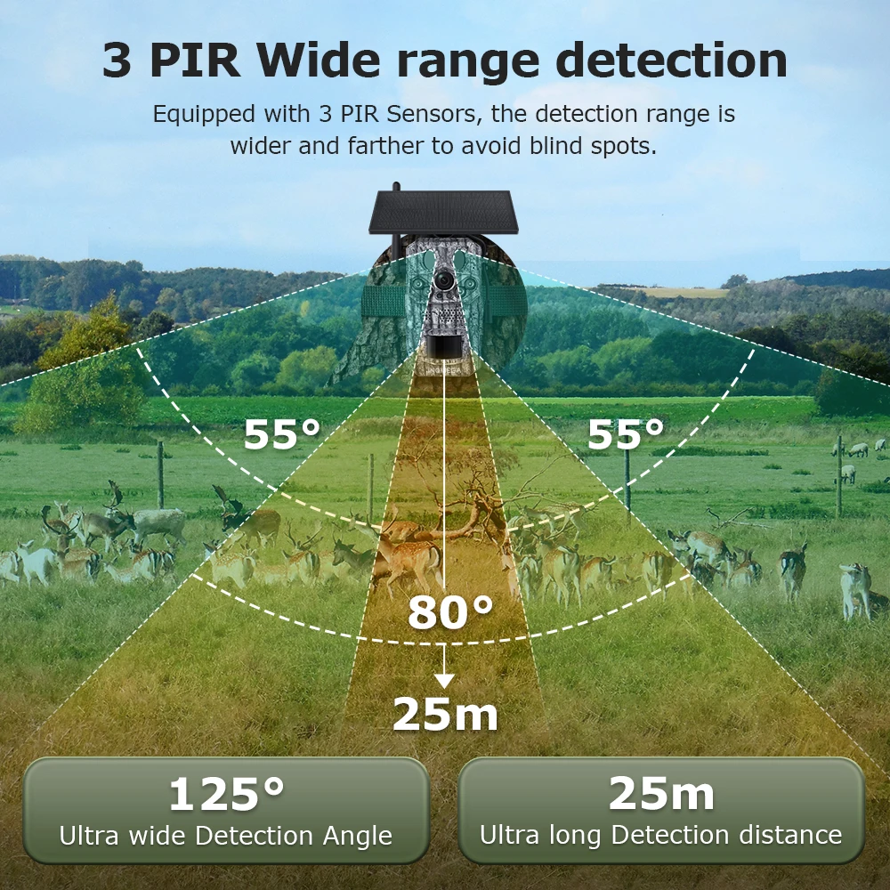 INQMEGA 12MP 4G Solar Trail Camera 125° Wide Angle 25m Detection PIR 3 Sensors AI Animal Recognition No-Glow Night Vision IP66