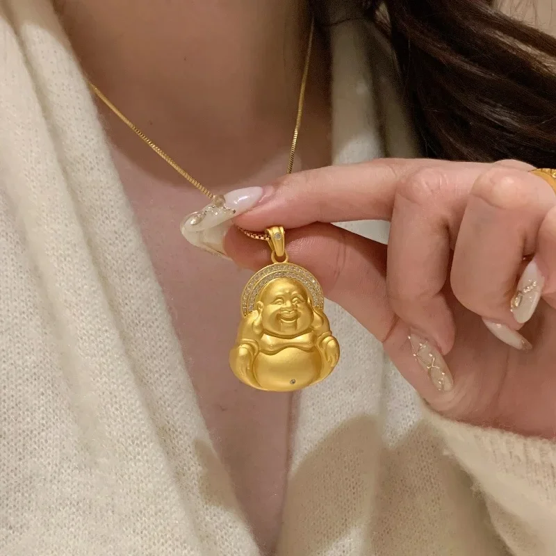 Retro big belly Maitreya Buddha pendant Classic antique gold crafts point diamonds charms high-end collar chain jewelry