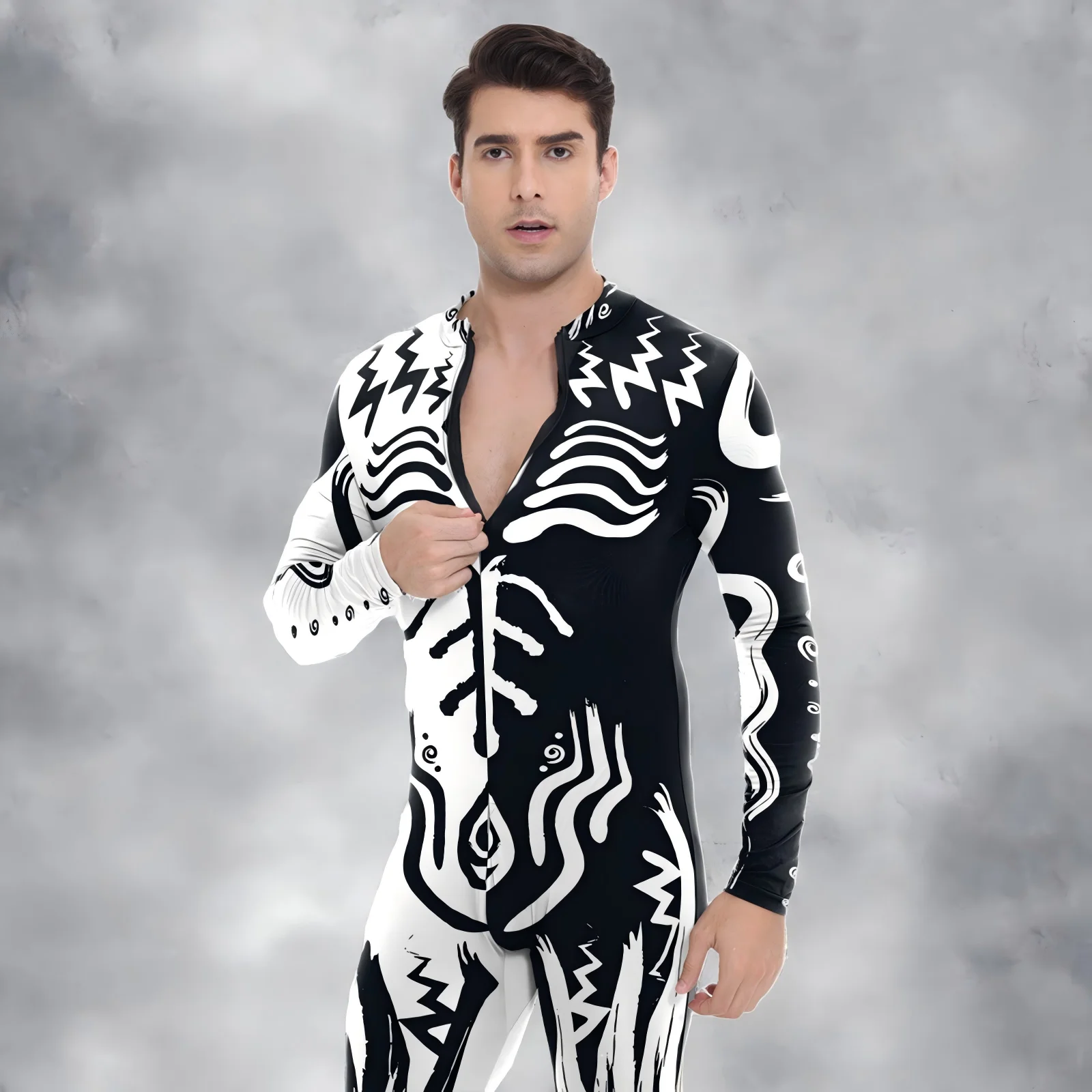 

Graffiti Printing Cosplay Costume Halloween Black White Long Sleeve Jumpsuits Male Skinny Zipper Bodysuit Carnival Zentai Suit