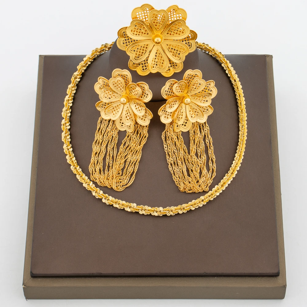 

Bohemia Jewelry Set for Weddings Bride Luxury Big Flower Tassel Earrings and Chain Necklace 3Pcs Set for Engagement Party Gifts