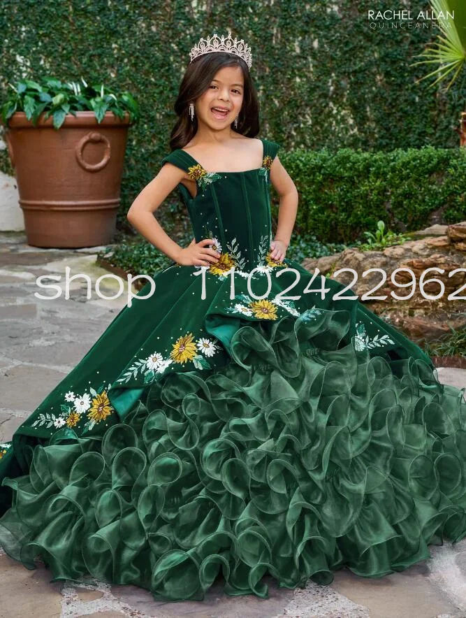 Girl\'s Floral Velvet Ruffled Mini Quinceanera Dresses Emerald Green Floral Applique Lace-up Flower Girls Dress vestidos de xv