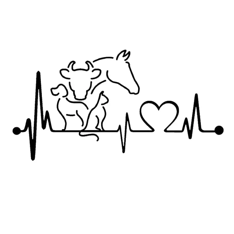 Dog Cat Horse Cow Heartbeat Lifeline Monitor Creative Funny Animal Car Sticker Black/Silver 20*10.6CM