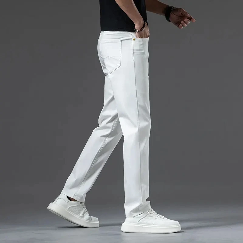 Spring Summer Thin 98% Cotton Men\'s Jeans Solid Color Classic Stretch Straight Denim Pants Versatile Fashion Casual Trousers