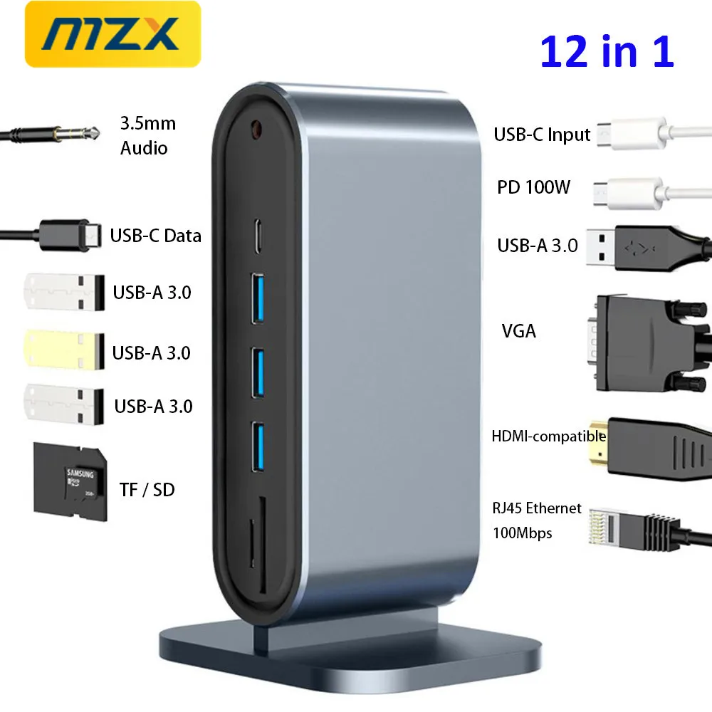 MZX 12 in 1 Docking Station Tipo C Type USB Hub 3 0 2 Extensor Splitter Adapter Vertical to HDMI-compatible Rj45 Dock for Laptop