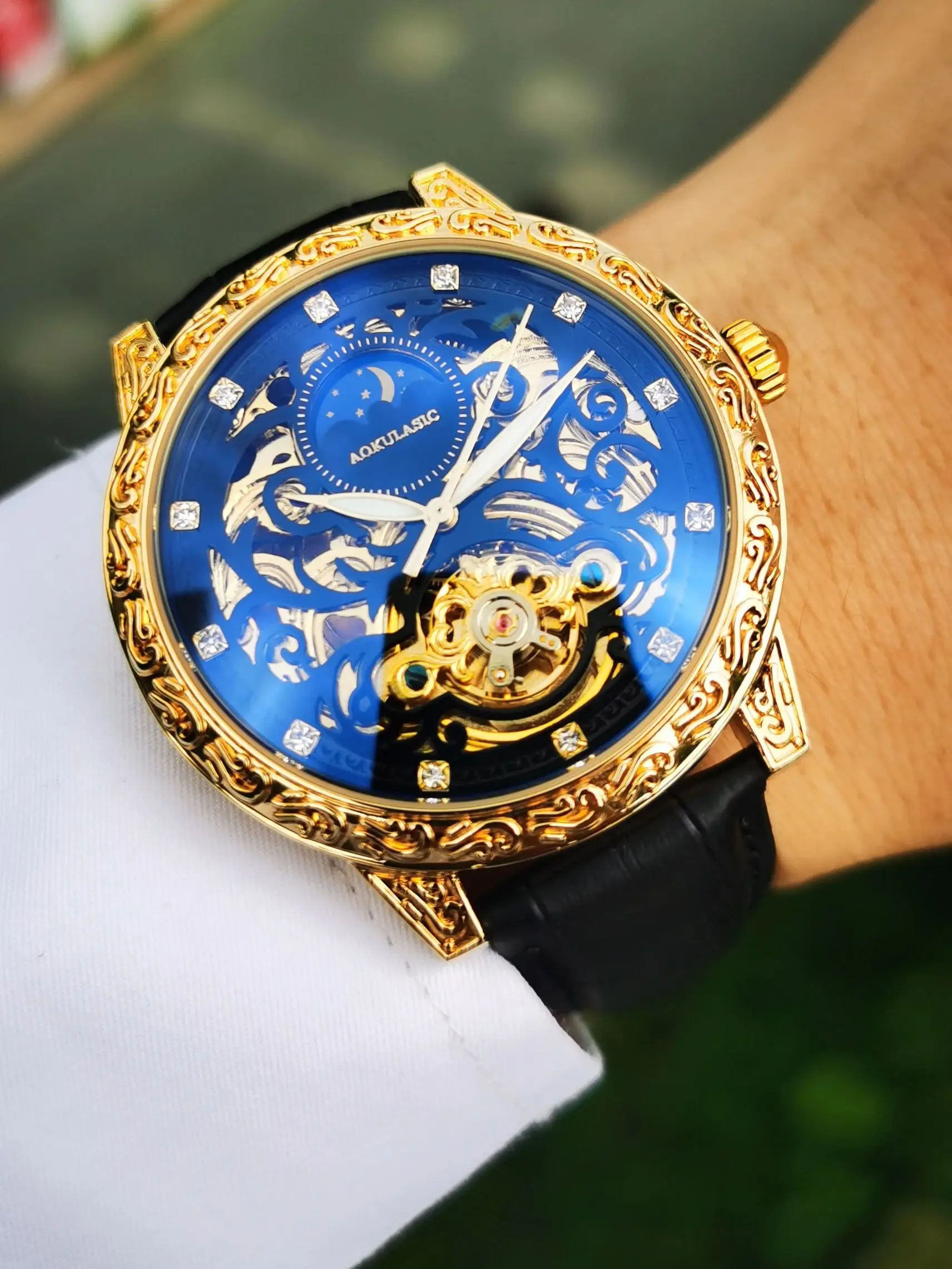 AOKULASIC Retro Iced Out Skeleton Mens Watches Top Brand Luxury Engraved Case Moon Phase Automatic Mechanical Watch Leather Belt