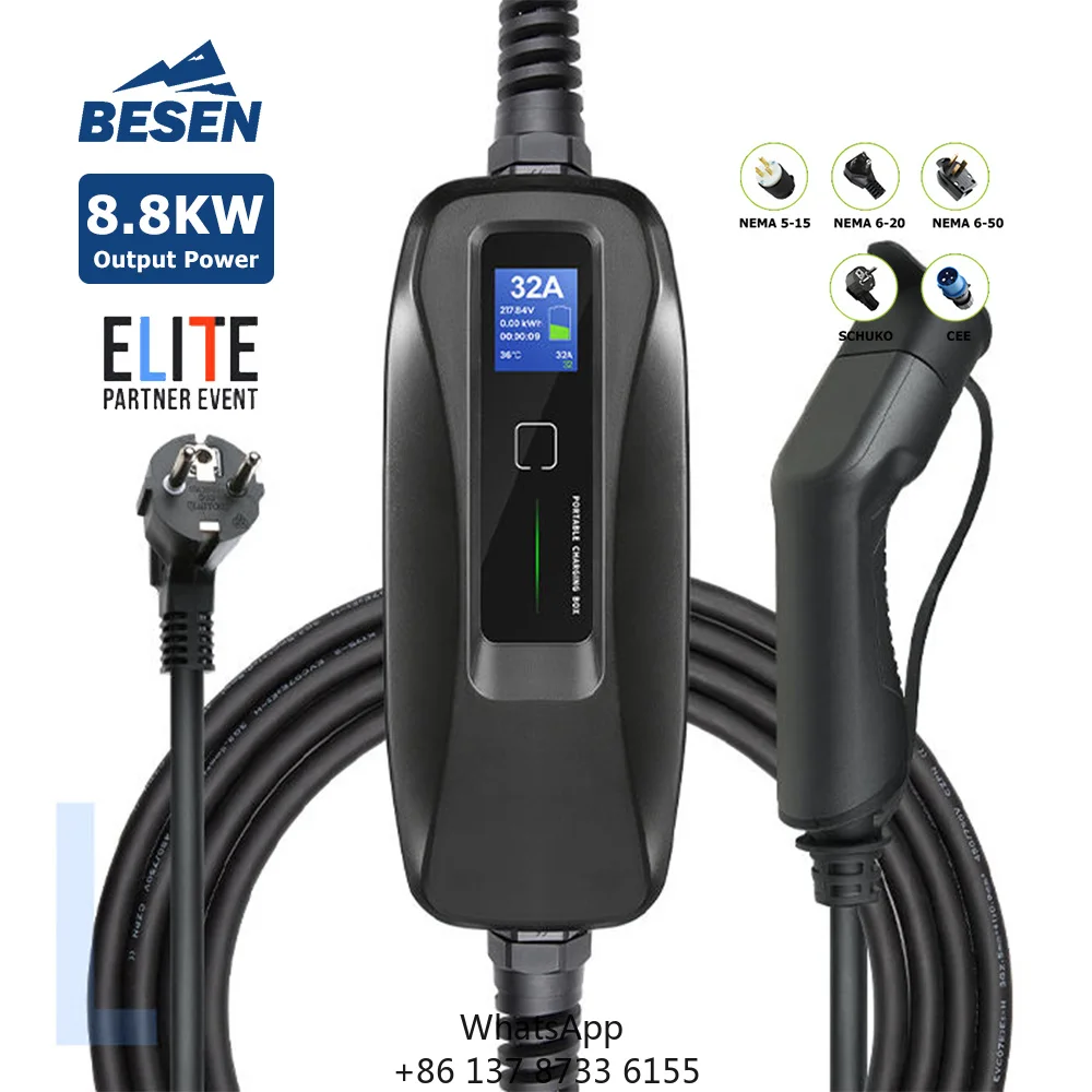 BESEN 8.5kW Portable Type 2 EV Charger Single Phase New CE Certificate 32A 40A Current AC Electric Vehicle Charging Box