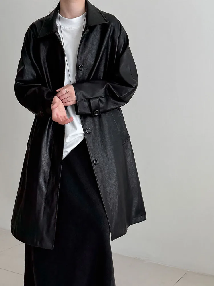 Whtrend jaqueta de couro pu de alta qualidade para mulheres lapela único breasted versátil casacos pretos de comprimento médio primavera outono novo wh2056