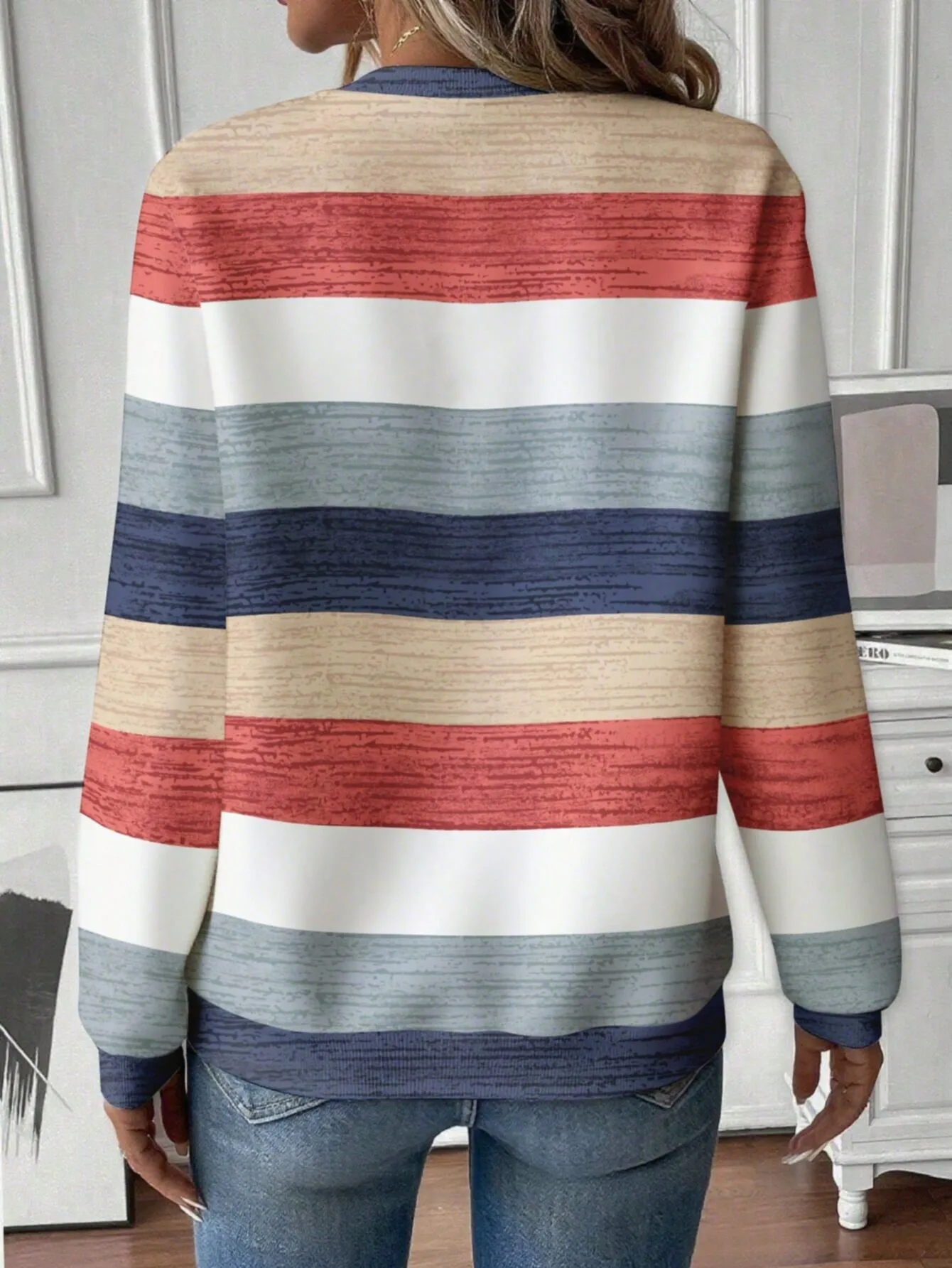 Casual Zipper Hoodie with Regular Fit Mid Length Japanese Korean Casual Digital Print Long Sleeve Striped Spring Women Hoodie