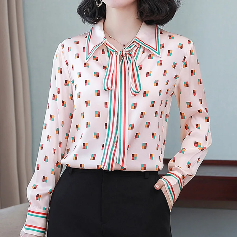 

FANIECES S-3XL Women Satin Shirt Vintage Print Bow-tie Collar Silk Blouses Elegant Office Ladies Tops Casual Streetwear Blusas