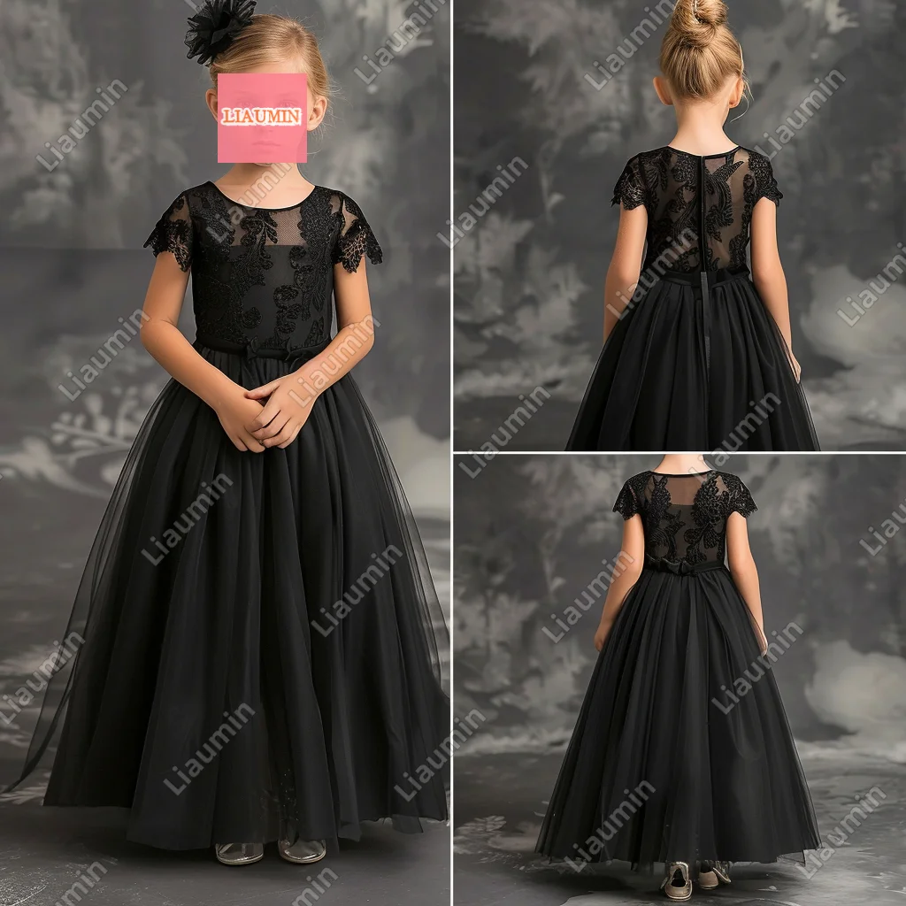 

Custom Made Black Flower Girl Dresses Cap Sleeve Tulle Princess Lace Applique First Communion Formal Pageant SKirt Kids W17-4.9