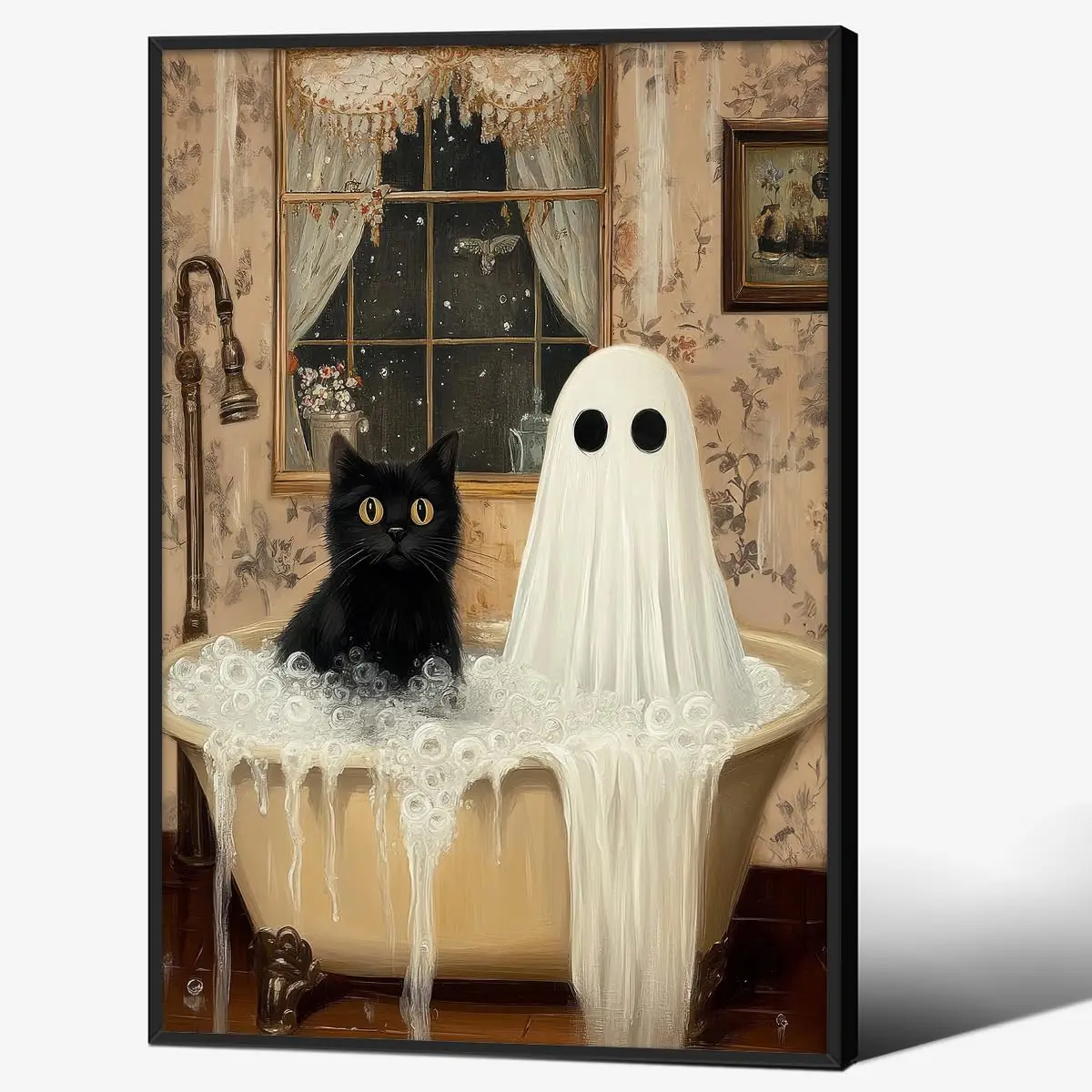 Black Framed Vintage Halloween Canvas Wall Art Cute Ghost Posters Spooky Bathroom Print Dark Ghost And Black Cat In Bathtub ing