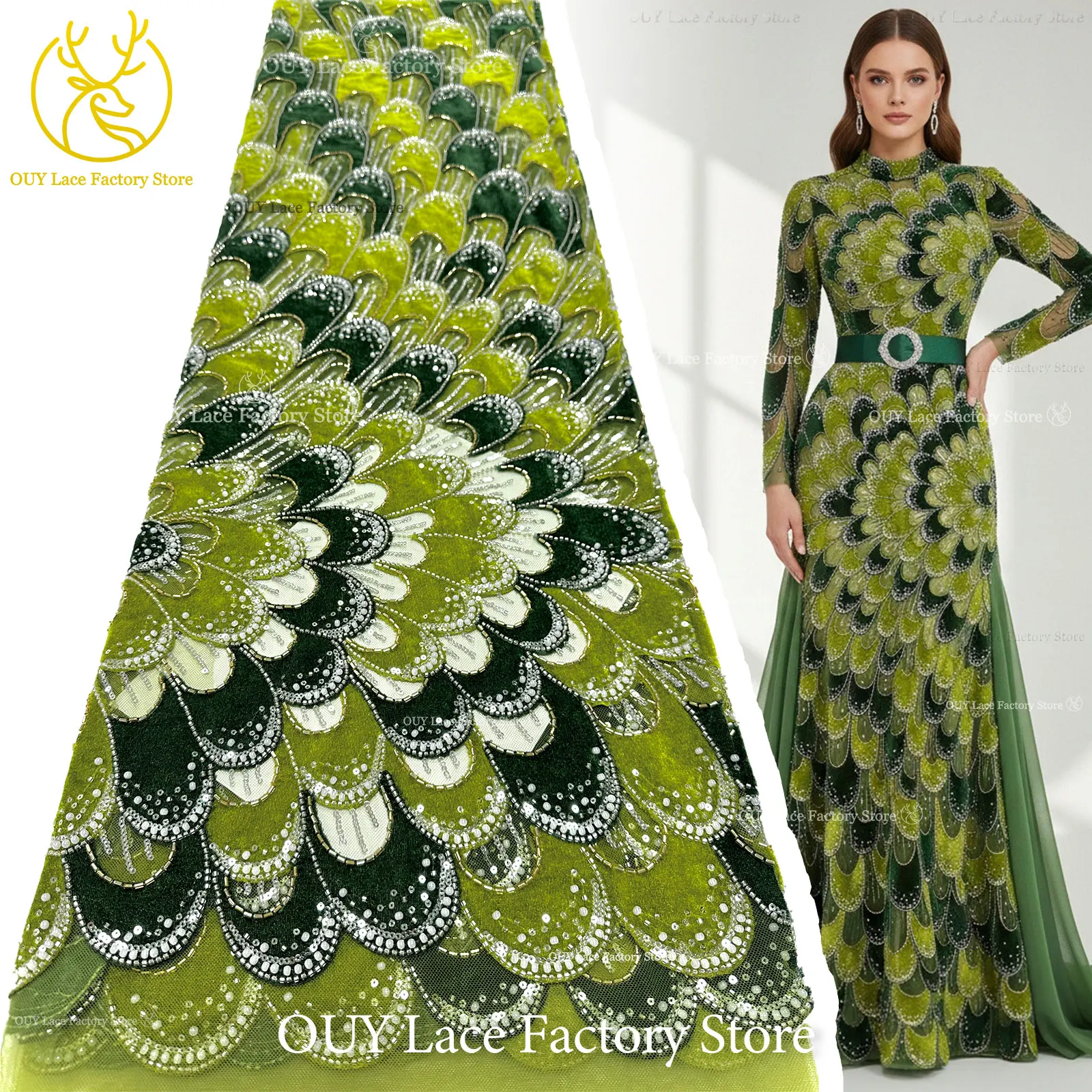 Elegant African Handmade Embroidery Velvet Beaded Lace Fabric French Heavy Sequins Tulle Lace Fabric Wedding Party Dress Fabric