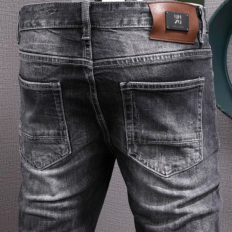 Newly Designer Fashion Men Jeans Retro Black Gray Stretch Slim Fit Vintage Ripped Jeans Men Patched Designer Hip Hop Denim Pants