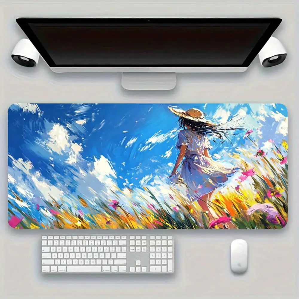 Mousepad Girl In Straw Hat Colorful Spring Floral Field Table Mat For Bedroom Learning Keyboard Accessories Playmat