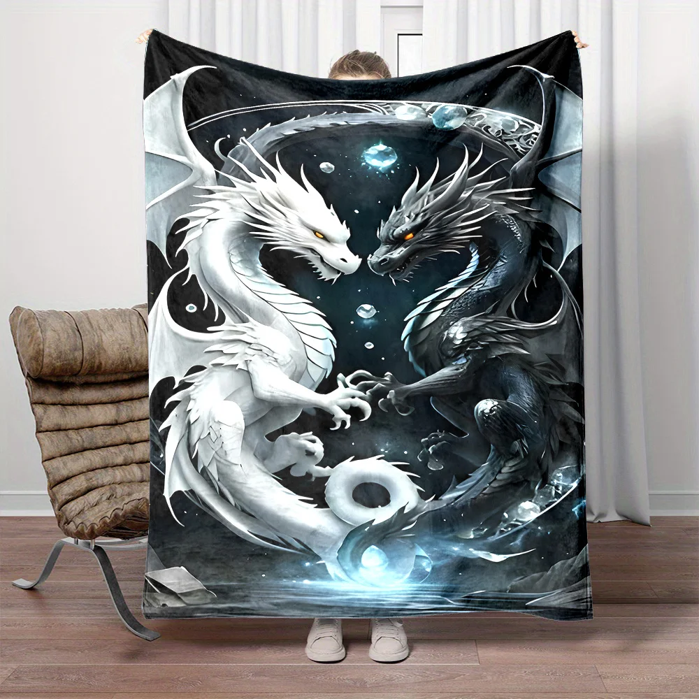 Reversible Dragon Print Throw Blanket, Contemporary Style, All-Season, 200-250g Polyester Flannel, No Embellishments, Digital Pr