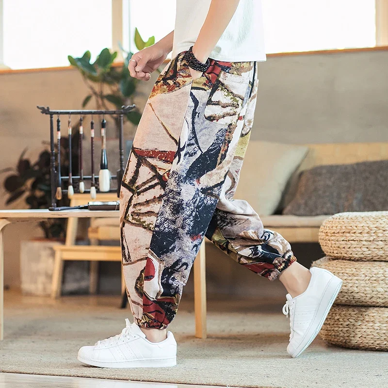 Printed Men Women Baggy Harem Pants Hip hop Joggers Causal Loose Trousers Aladdin Crotch Wide Leg Cotton Linen Pants