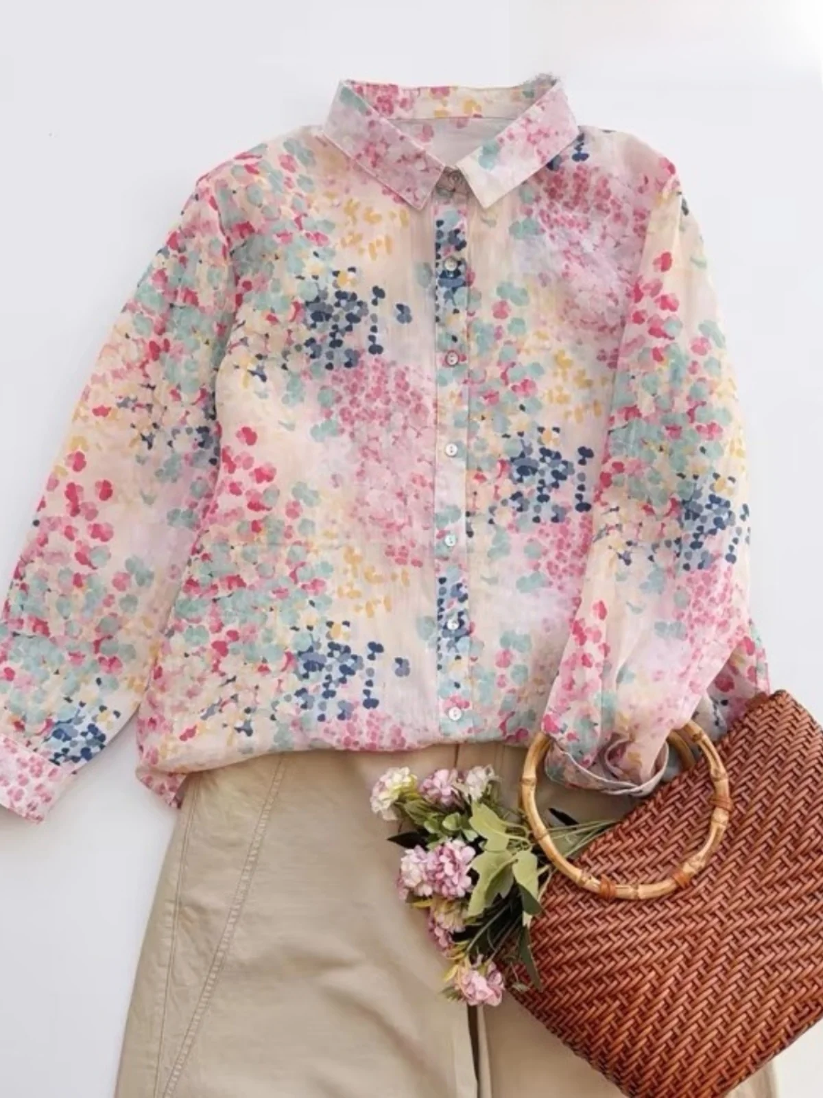 

Женская льняная блузка с цветочным принтом, весна-лето, тонкая, с длинным рукавом, свободного кроя, повседневная, удобная, дышащая, экологичная