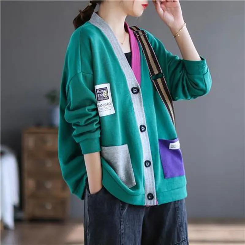 Female V-Neck Cardigan Stylish Streetwear Single-breasted Casual Solid Color Patchwork Contrasting Colors Autumn Winter Sweaters