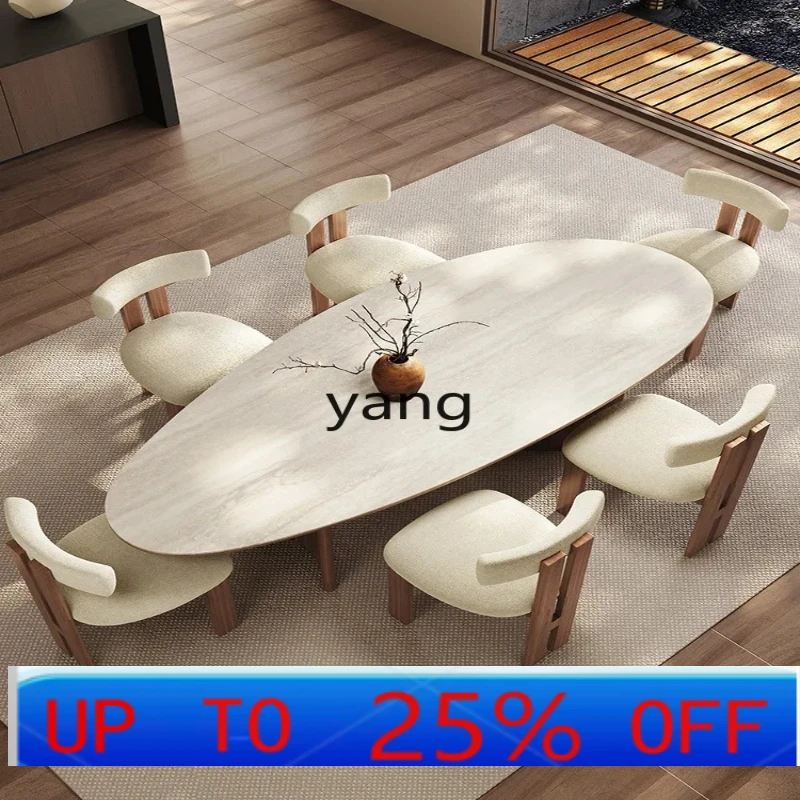 

LH medieval style water drop-shaped travertine rock slab dining table black walnut solid wood home retro tables and chairs