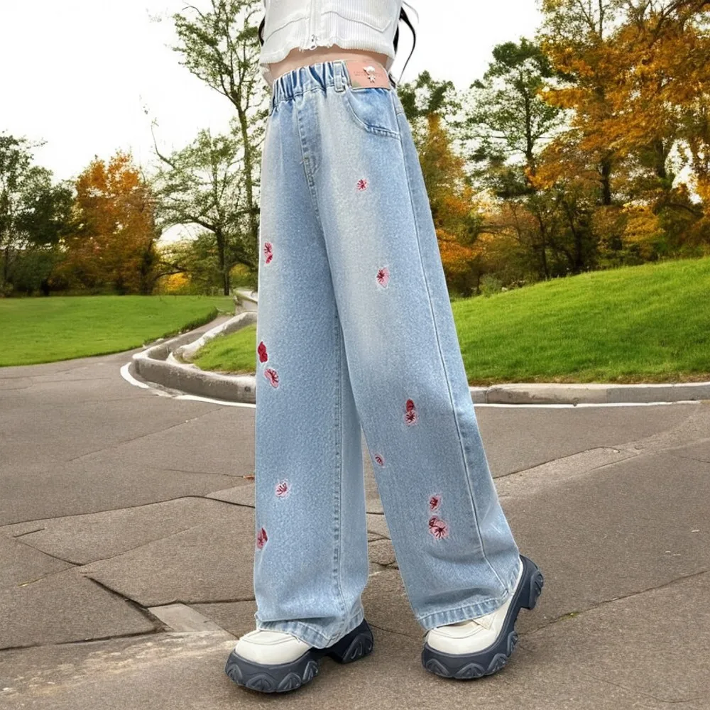 Baby Girls Flower Jeans for Kids Cargo Pants Blue Loose Trousers Wide Leg Children Teens Outfits Toddler Clothes 5 7 9 12 Years