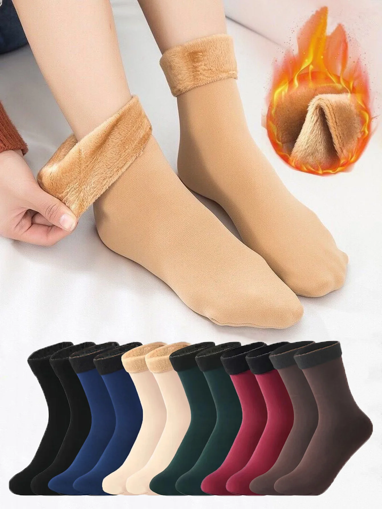 Thermal Sock Winter - ถุงเท้ากันหนาวสำหรับผู้หญิง 4 คู่ ถุงเท้าไนลอนหนาพิเศษ ให้ความอบอุ่น สีพื้น