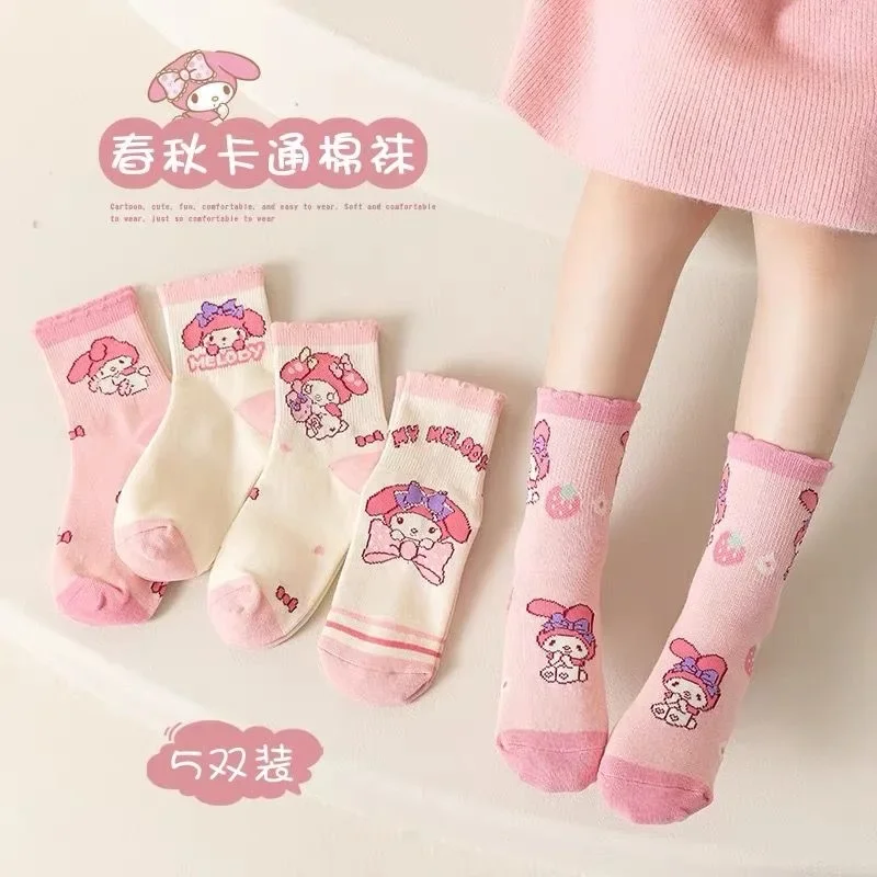 10Pcs/set Sanrio Female Cotton Socks Cartoon Cinnamoroll My Melody Kuromi Girls Soc ks Student Mid-tube Non-slip Socks Girl Gift