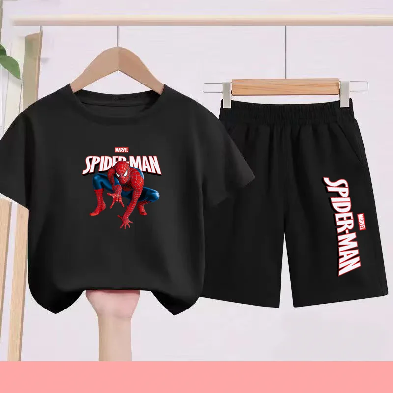

2026 Children's Sports Outfit with Spider Pattern Cartoon Print - T-shirt + Shorts Set, Suitable for Children Aged 3 to 13.