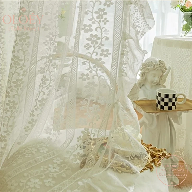 

Romantic White Dots Ruffle Voile Curtains for Girl Room French Vintage Lace Tulle Window Drape Light Filtering Shabby Chic Decor