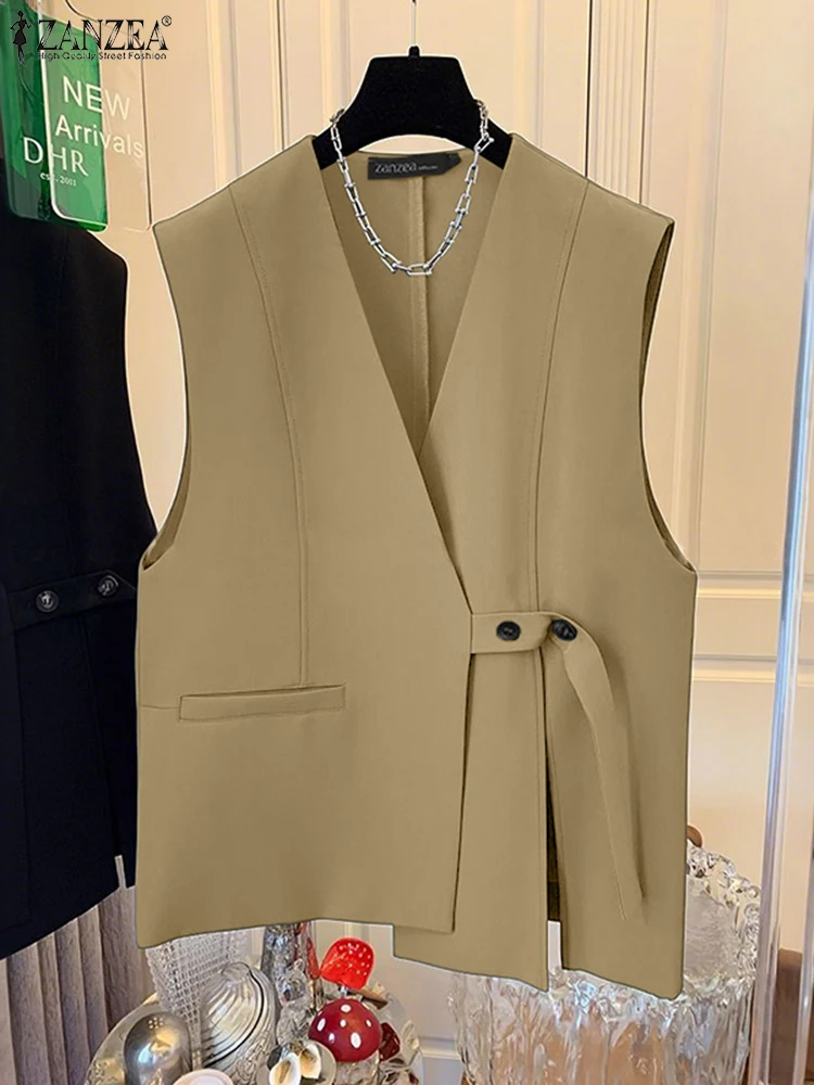 2025 ZANZEA Moda Gilet Donna Autunno Tuta Sportiva Elegante Con Scollo A V Gilet Casual Solido Fasciatura Elegante Ufficio Streetwear Cappotti Sottili