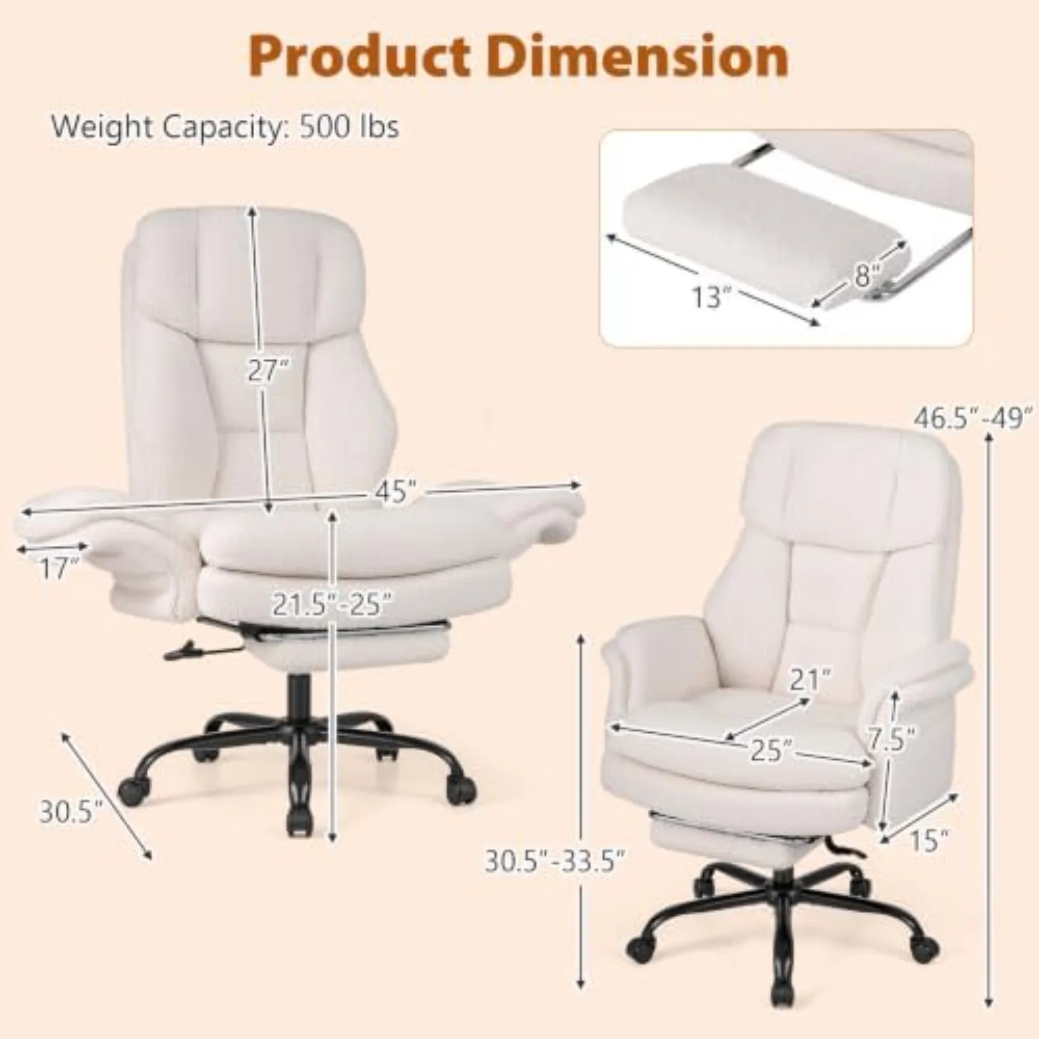 Big and Tall Office Chair with Flip Armrests and Footrest (White) | 500LBS, Teddy Fleece Criss Cross Legged Chairs
