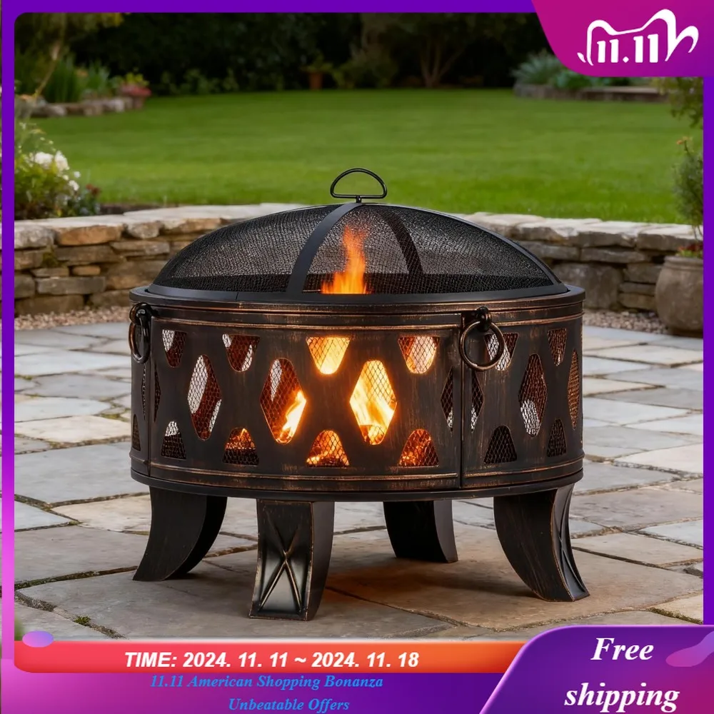 

26 Inch Wood Burning Fire Pit with Cooking Grill and Spark Screen, Outdoor Metal Round Firepit for Patio, Backyard
